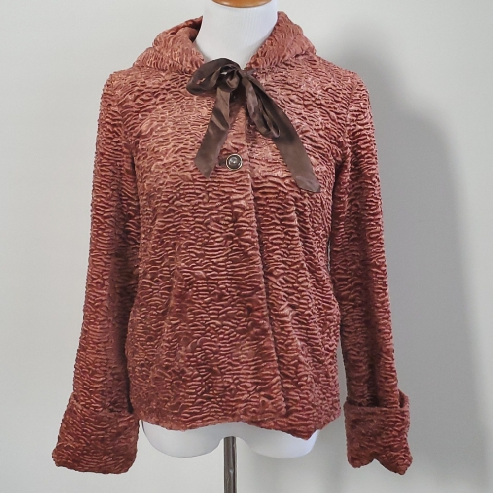 Anthropologie Elevenses Crushed Velvet / Faux Curly Lamb Hooded Jacket, Size 8